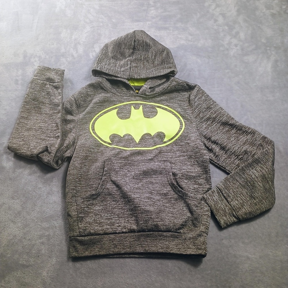 Batman Hoodie Kids XS‎ Gray Fleece Pullover Bat Signal Graphic Kangaroo Pocket